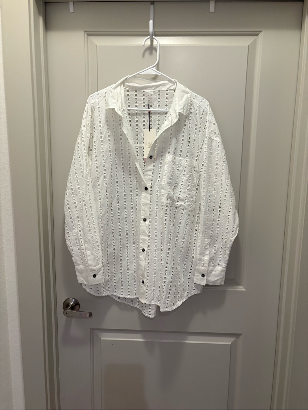 Calia White Eyelet Cotton Button-Down Shirt - Lightweight Cover up beach NWT L - Picture 3 of 6